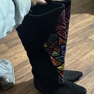 Caparros Black Over the Knee Boots with Multicolor Embellishments
